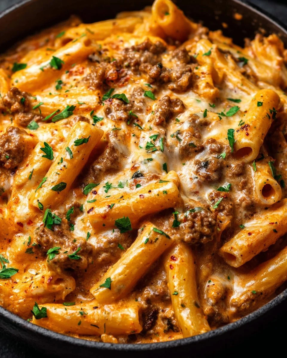 Creamy beef pasta dish garnished with herbs and served in a bowl