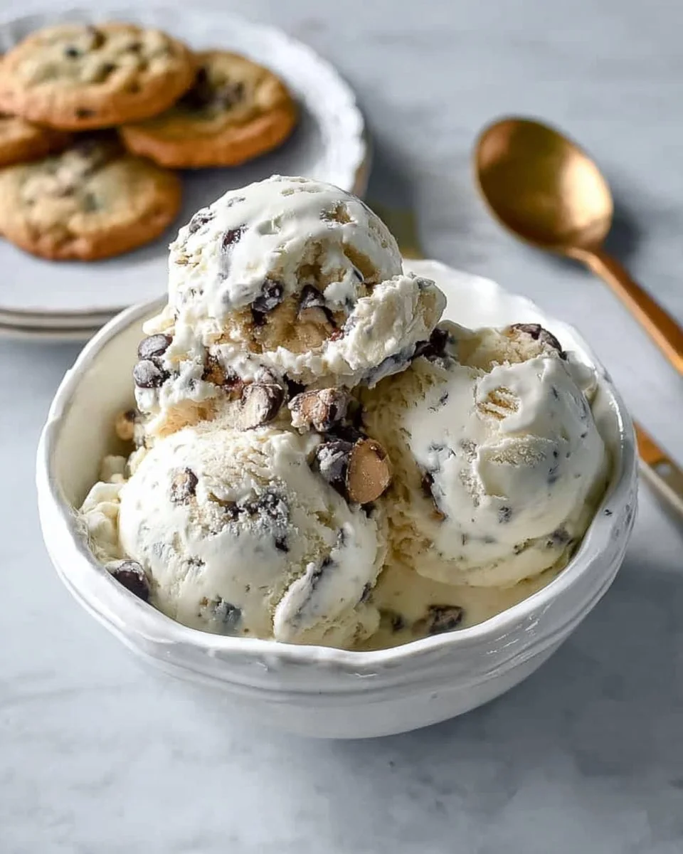 Bowl of homemade chocolate chip cookie dough ice cream topped with chocolate chips.