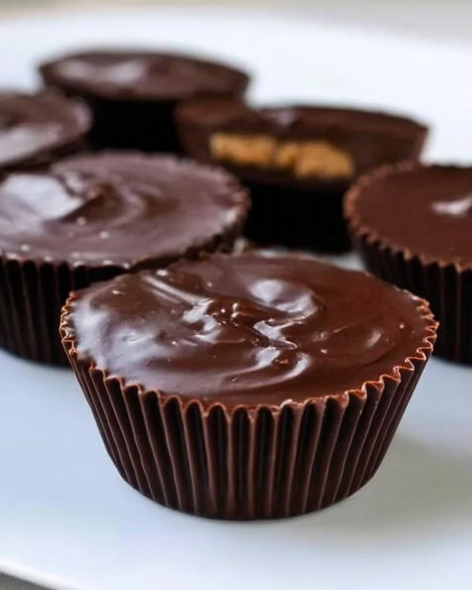 Delicious homemade chocolate peanut butter cups on a wooden table