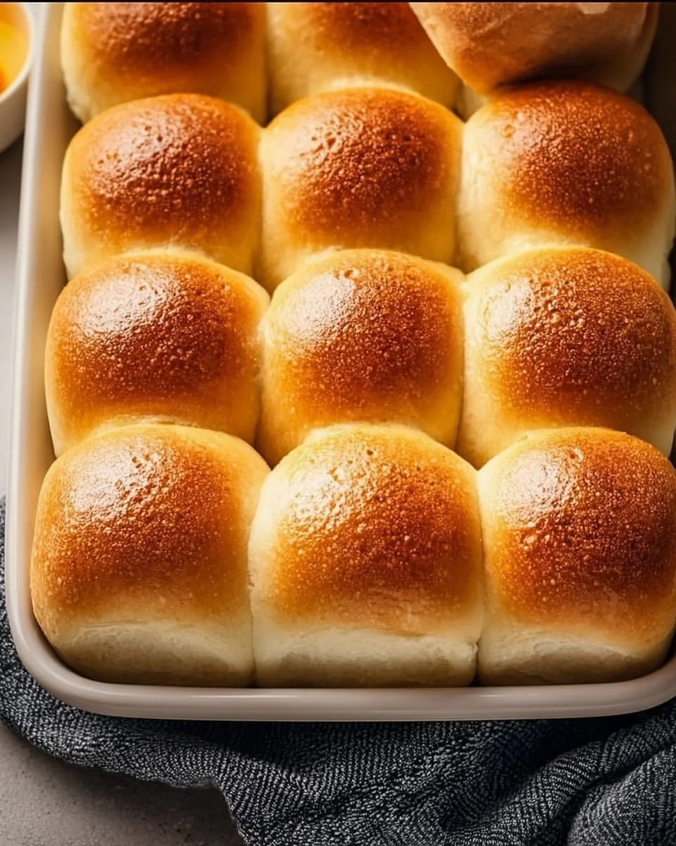 Freshly baked homemade soft dinner rolls on a wooden table