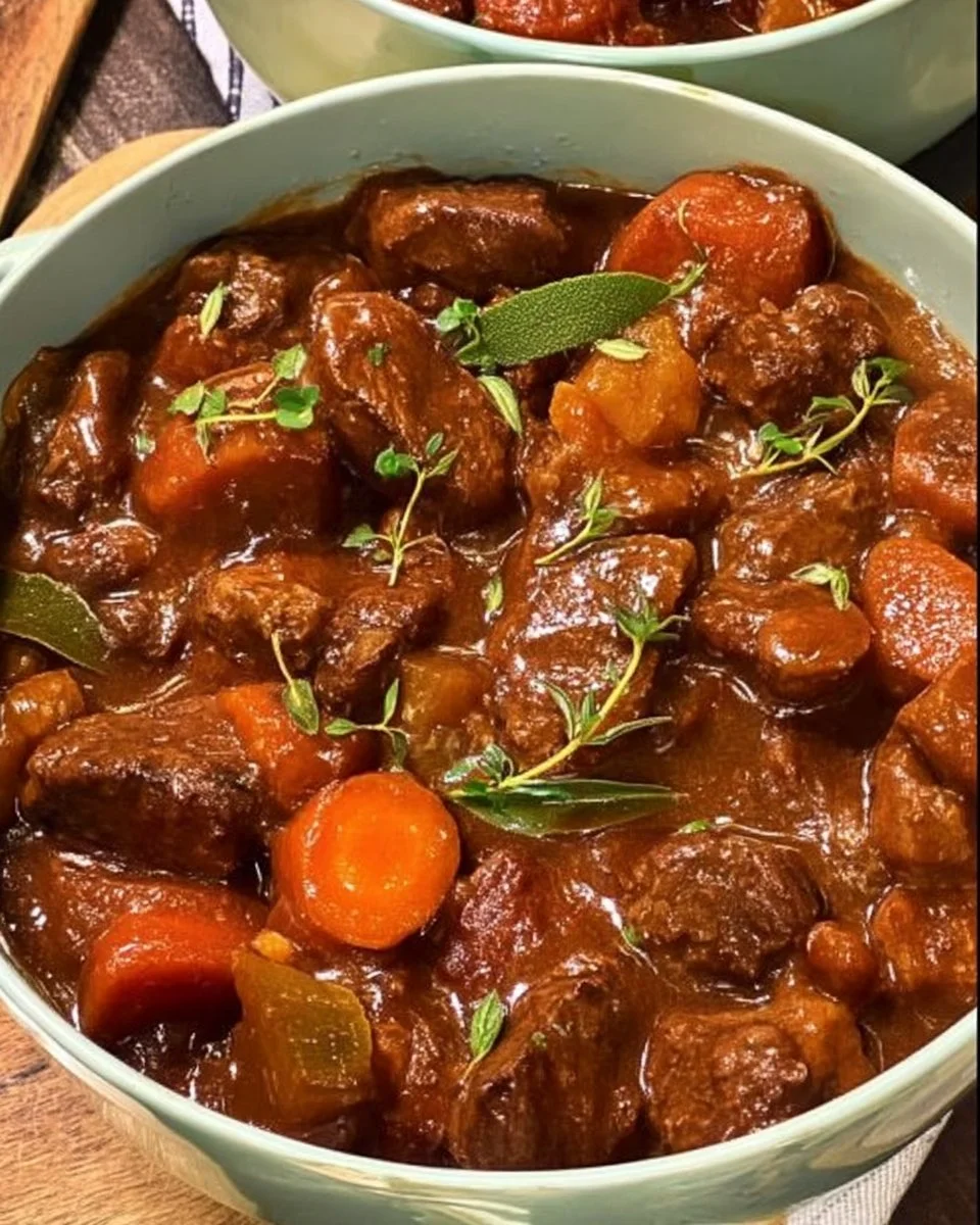Delicious homestyle beef stew with carrots and potatoes in a rich broth