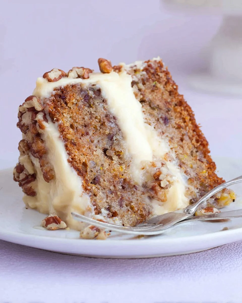 Delicious Hummingbird Cake topped with cream cheese frosting and pecans