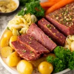 Delicious Instant Pot corned beef served with vegetables and potatoes.