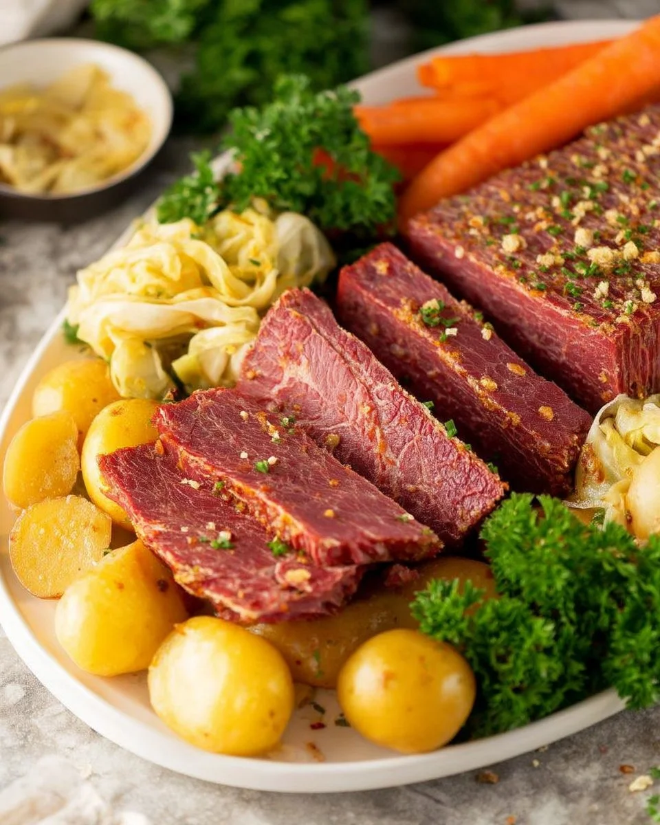 Delicious Instant Pot corned beef served with vegetables and potatoes.