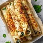 Plate of delicious chicken flautas with spinach and toppings