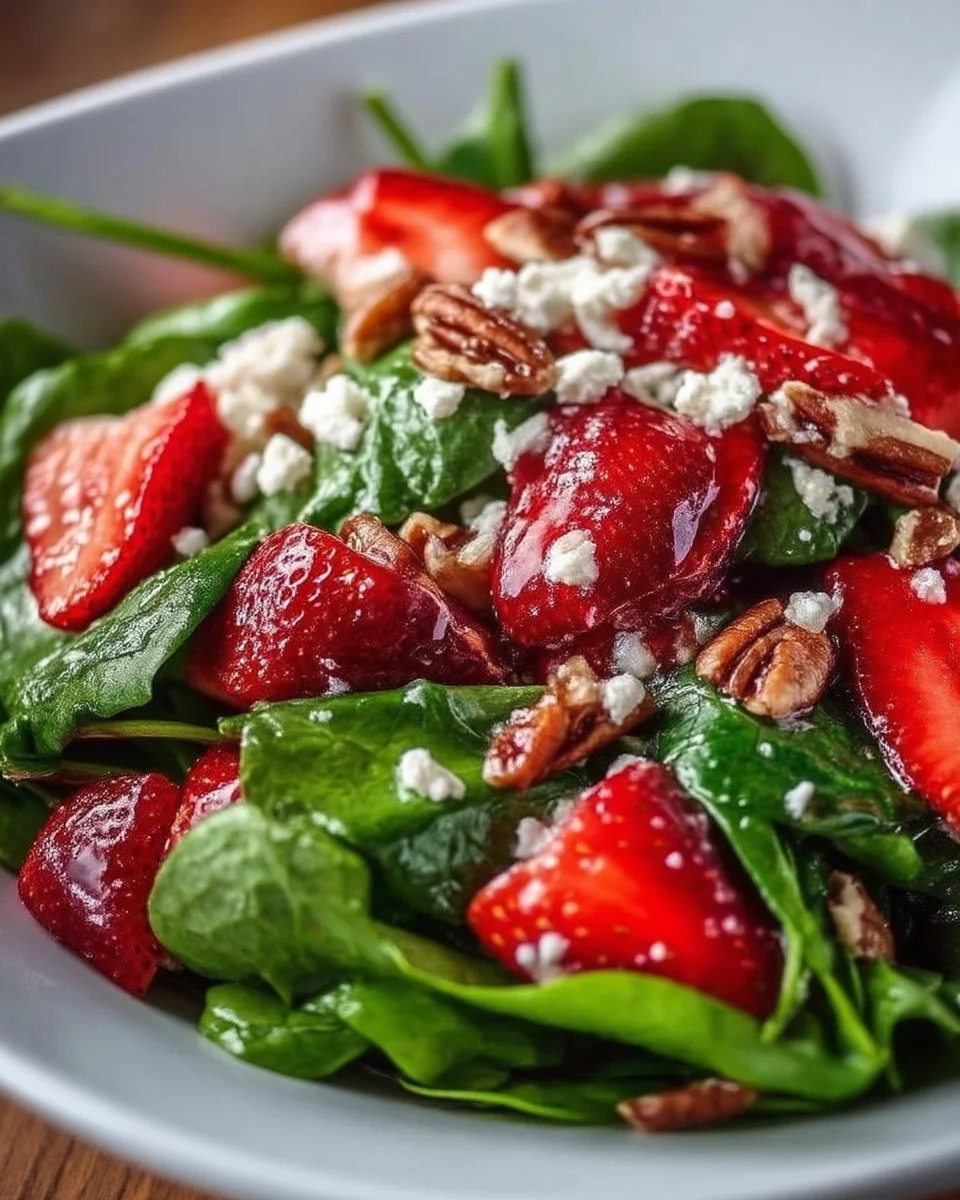 Fresh strawberry spinach salad with feta cheese and pecans in a bowl