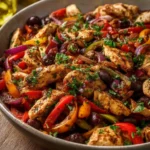 Colorful Mediterranean Chicken Stir Fry with veggies in a skillet