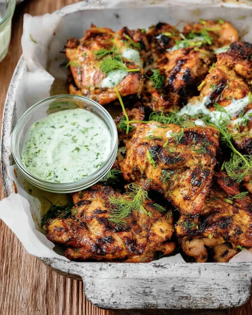 Mediterranean Grilled Chicken Thighs with herbs and spices on a grill