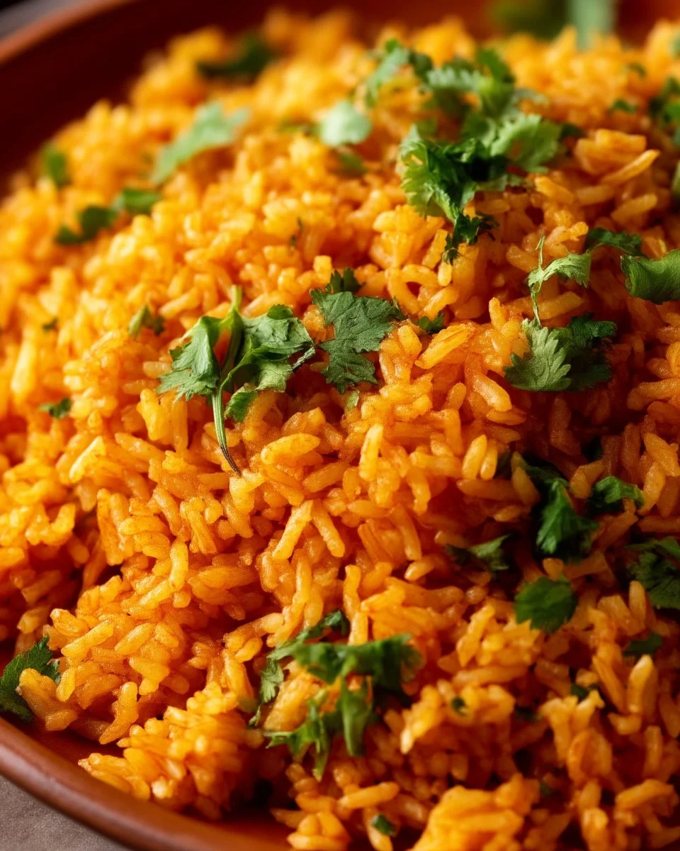 Delicious plate of seasoned Mexican rice garnished with herbs.