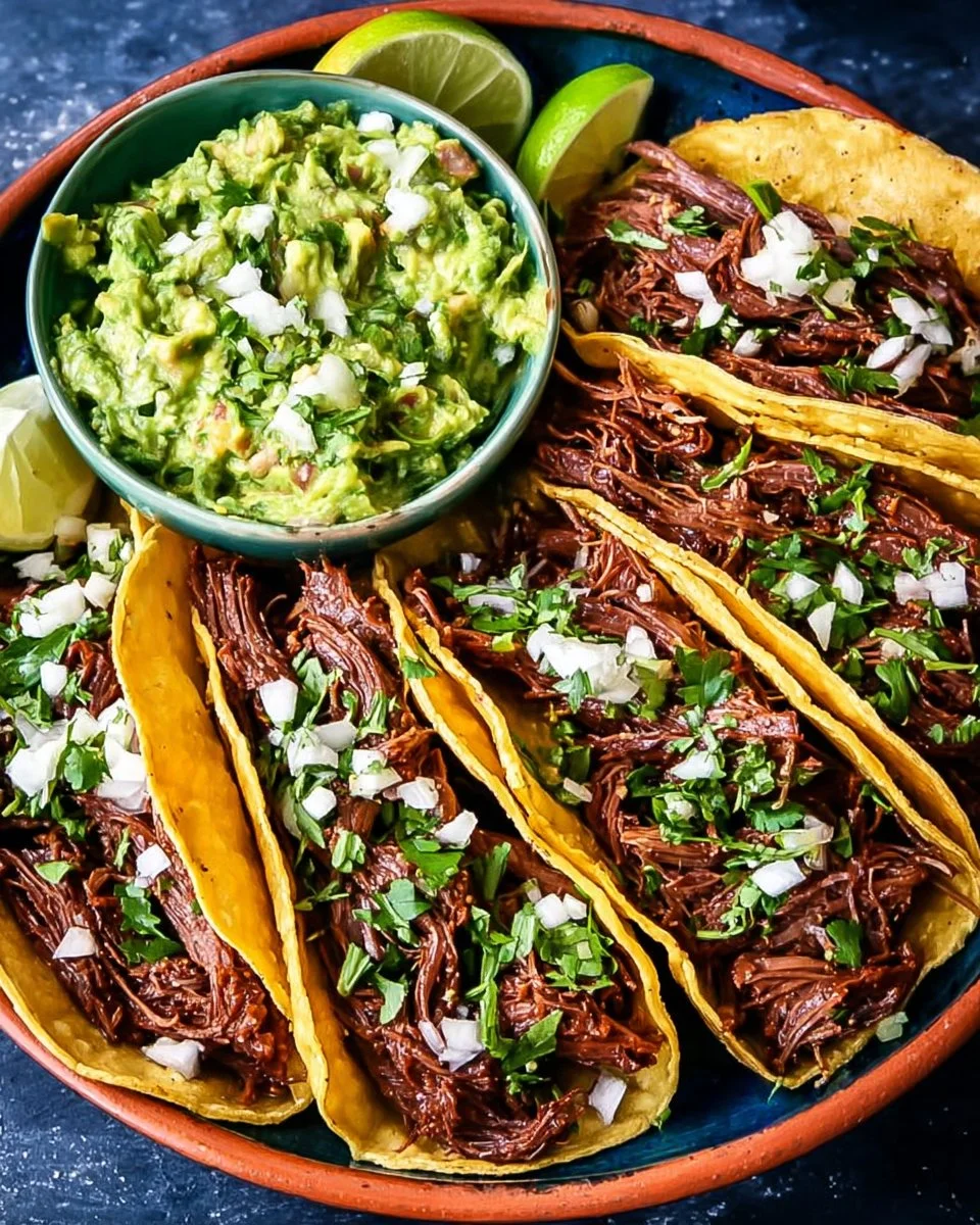 Delicious Mexican shredded beef tacos topped with fresh ingredients