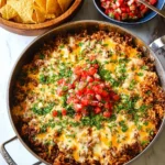 Delicious Mexican taco rice skillet topped with cheese and fresh toppings