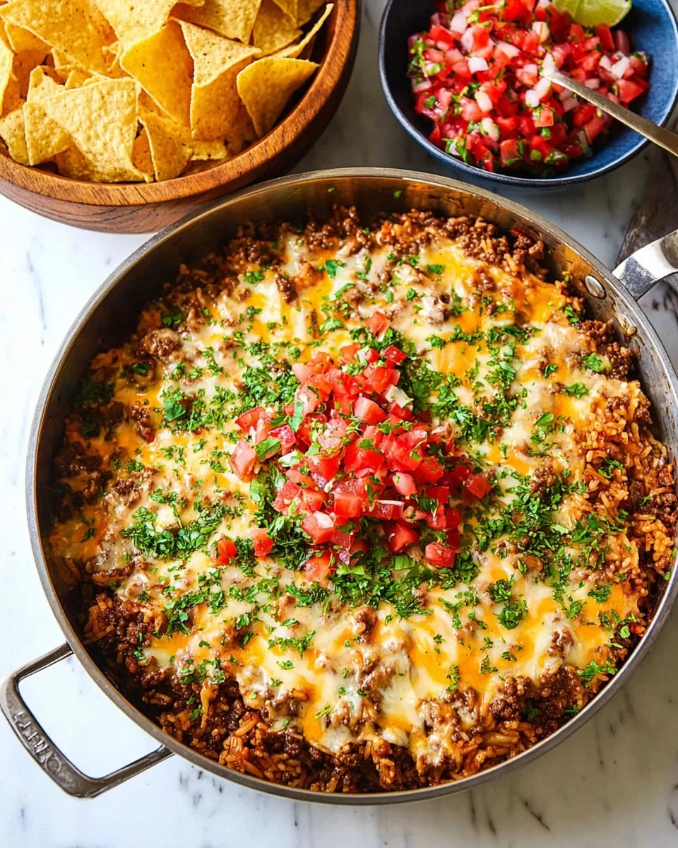 Delicious Mexican taco rice skillet topped with cheese and fresh toppings