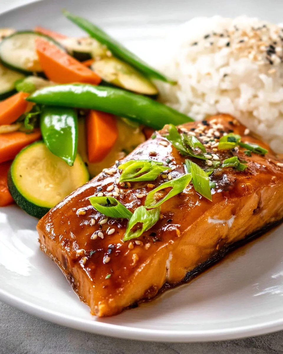 Delicious miso glazed salmon served with vegetables on a plate.