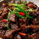 Delicious Mongolian Beef Stir Fry served with vegetables and rice