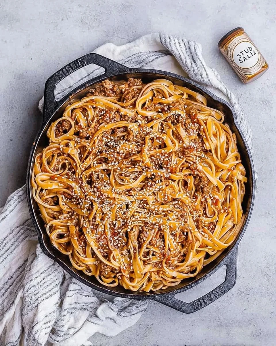 Mongolian Ground Beef Noodles with vegetables and sauce in a bowl