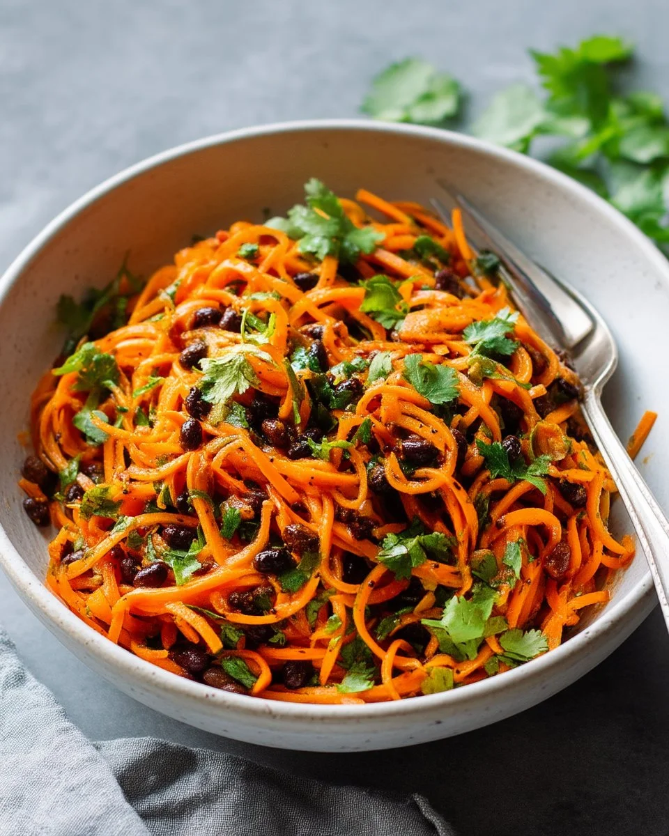 Colorful Moroccan Carrot Salad with spices and herbs in a bowl.