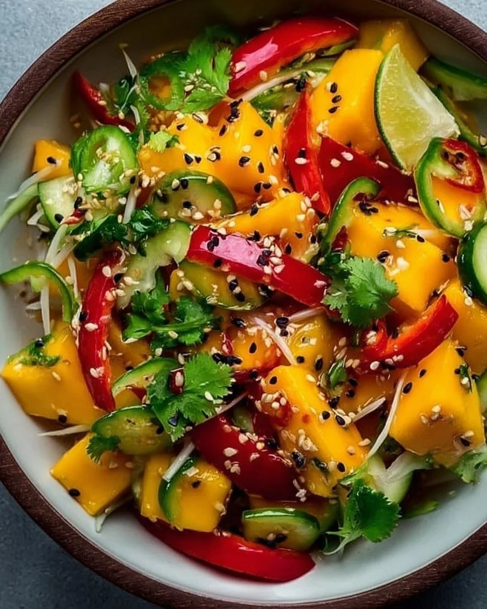 Fresh and colorful Thai Mango Salad with vibrant ingredients and flavors.