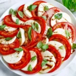 Mozzarella Caprese Salad with tomatoes and basil arranged beautifully on a plate