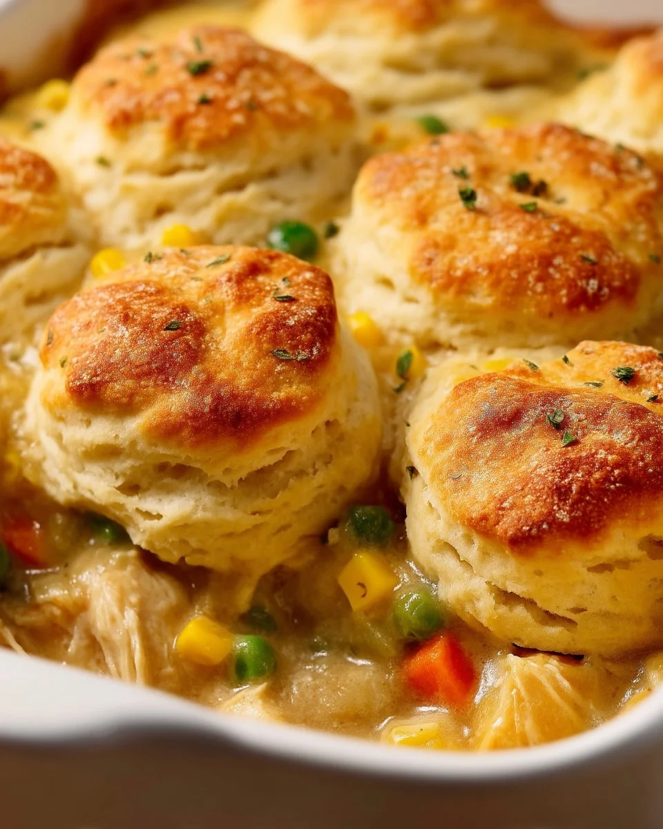 Old-Fashioned Chicken and Biscuit Casserole served on a plate