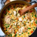One-Pot Chicken and Rice Casserole dish ready to serve