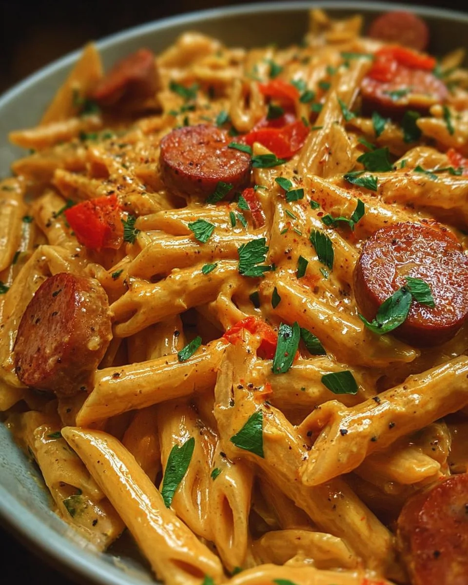 One-Pot Creamy Spicy Cajun Sausage Pasta served in a bowl