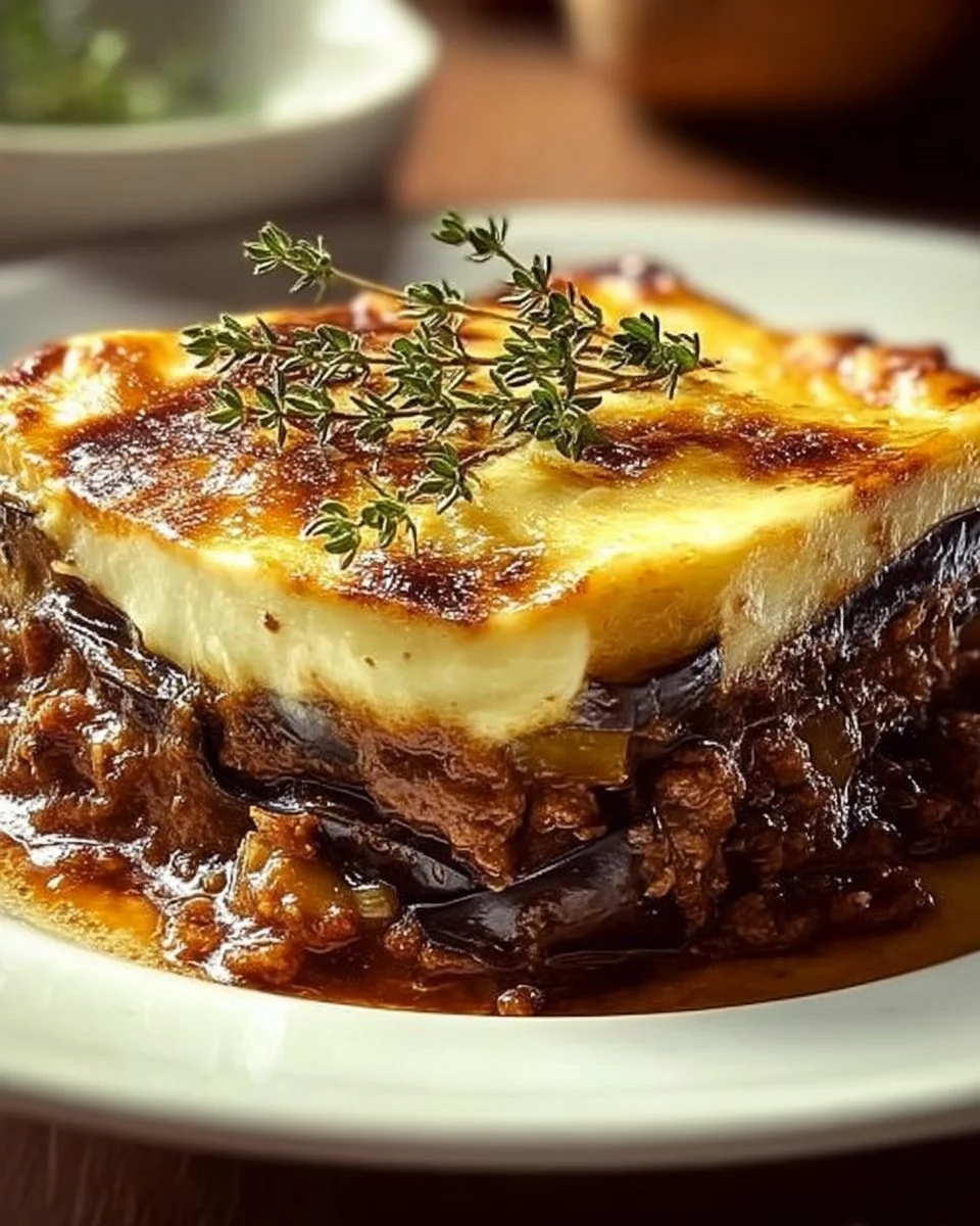 Delicious Greek Moussaka with layers of eggplant, minced meat, and creamy béchamel sauce