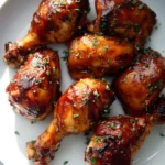 Oven baked BBQ chicken served on a plate with fresh herbs and sides.