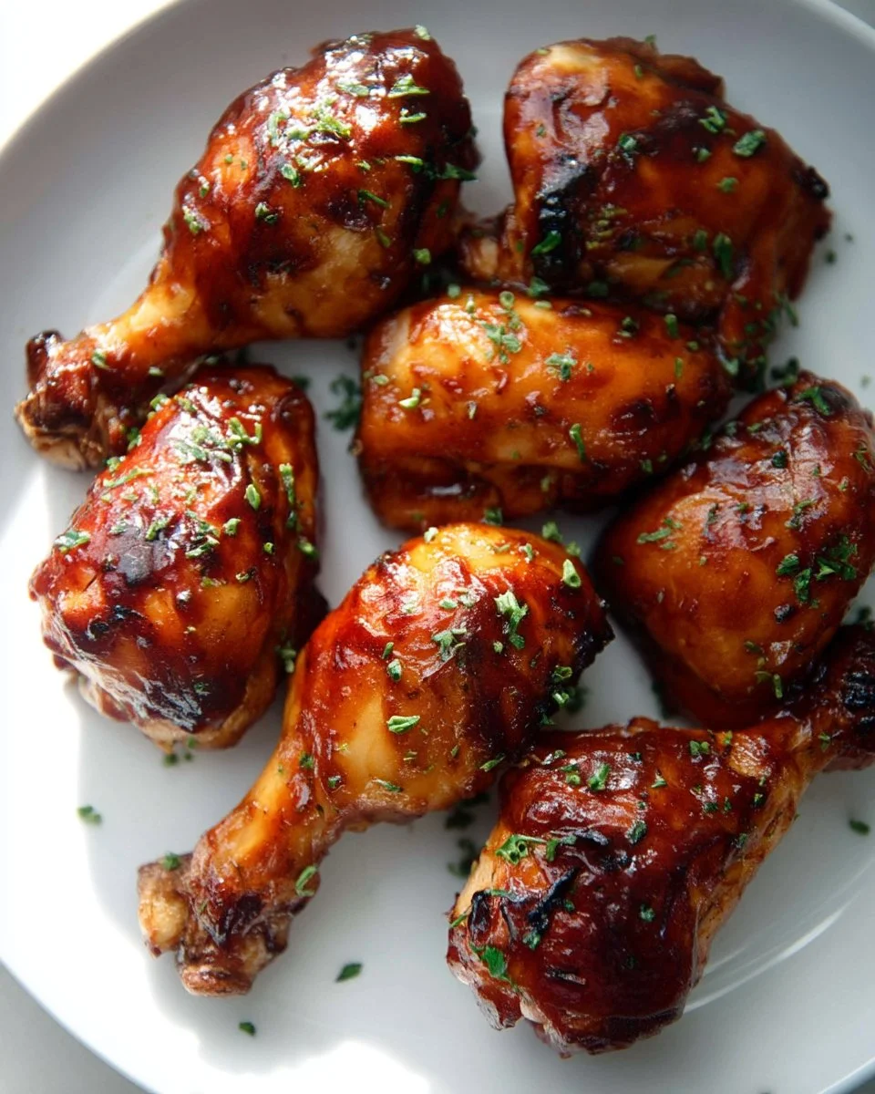 Oven baked BBQ chicken served on a plate with fresh herbs and sides.