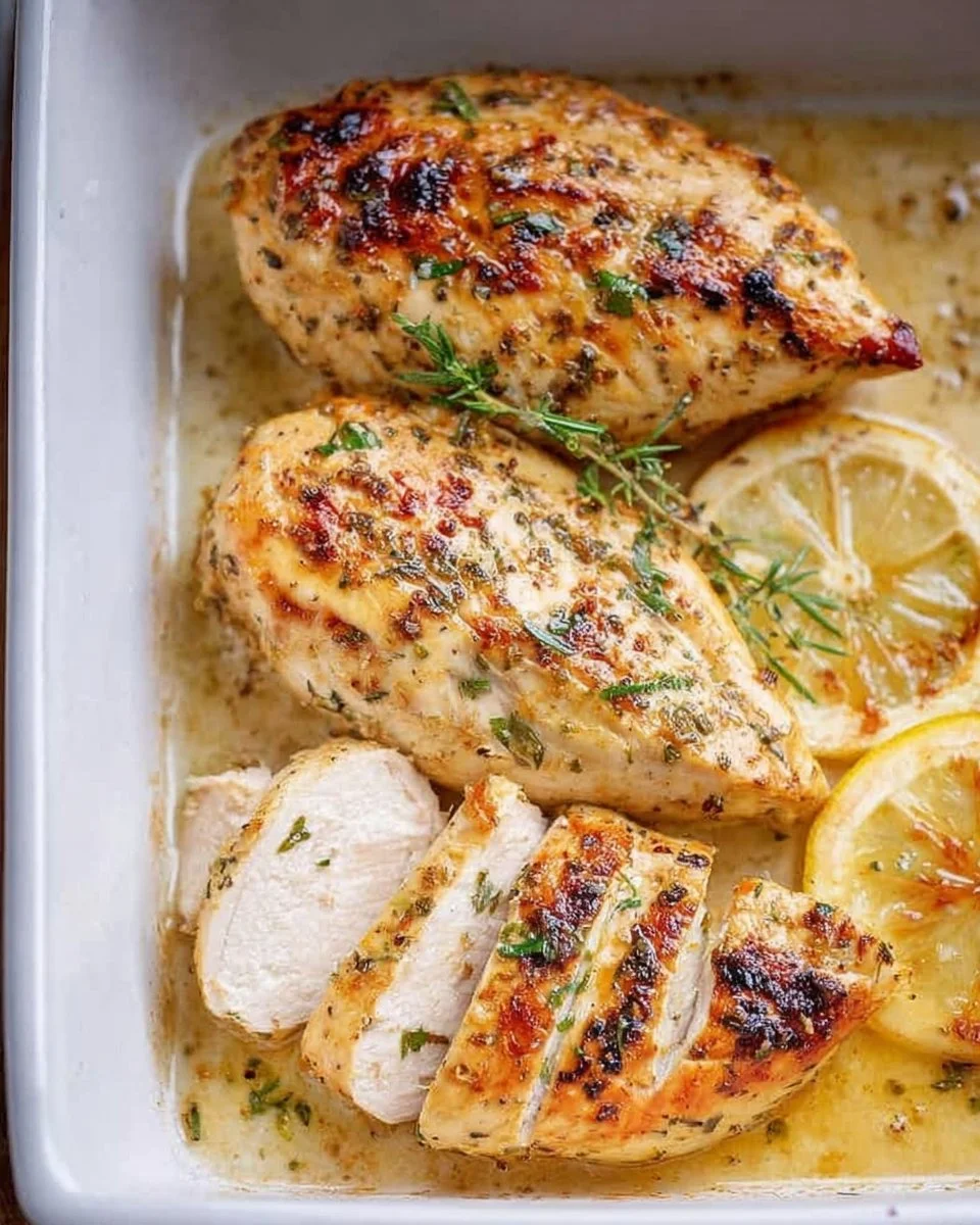 Juicy oven roasted chicken breast served on a plate with herbs and spices.