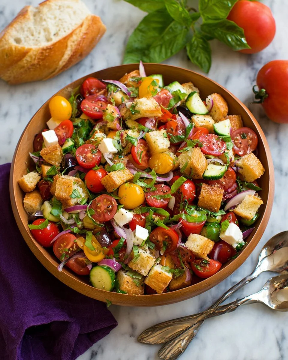 A vibrant Panzanella Salad with tomatoes, bread, and basil herbs in a bowl.