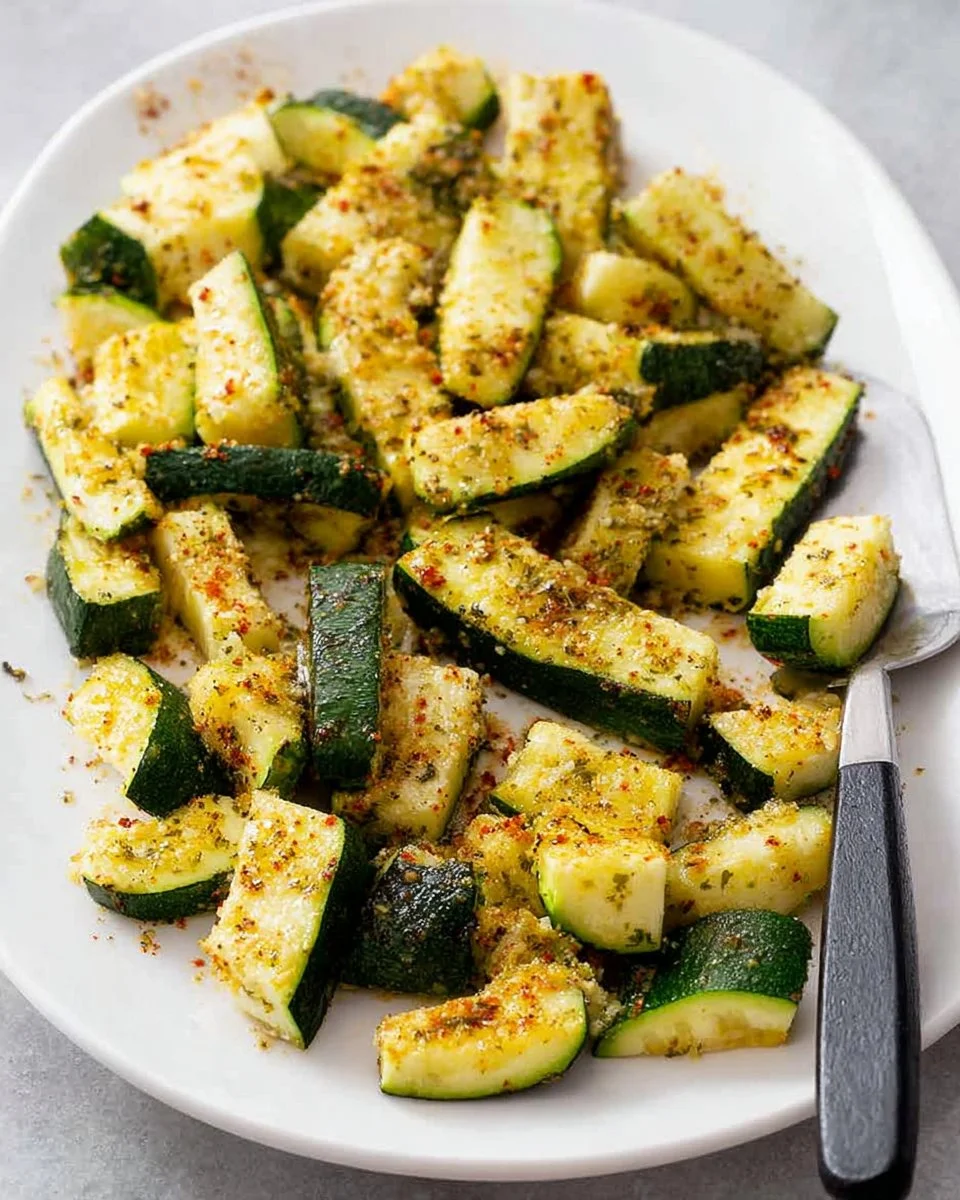 Freshly baked Parmesan Roasted Zucchini slices drizzled with olive oil