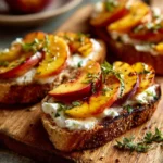 Peach Burrata Bruschetta with fresh herbs and balsamic drizzle on toasted bread