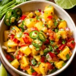 Peach Pineapple Salsa in a bowl with fresh ingredients on table