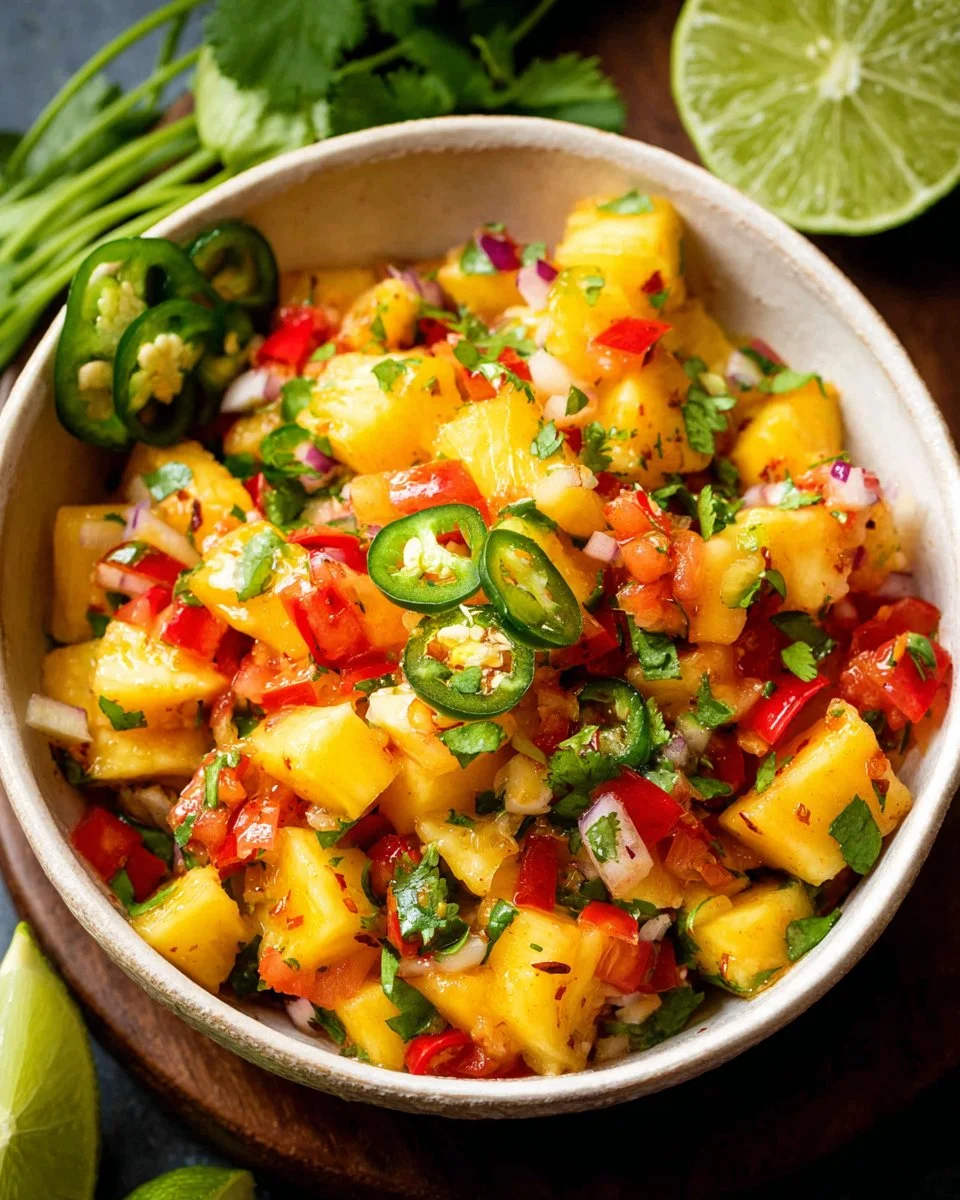 Peach Pineapple Salsa in a bowl with fresh ingredients on table