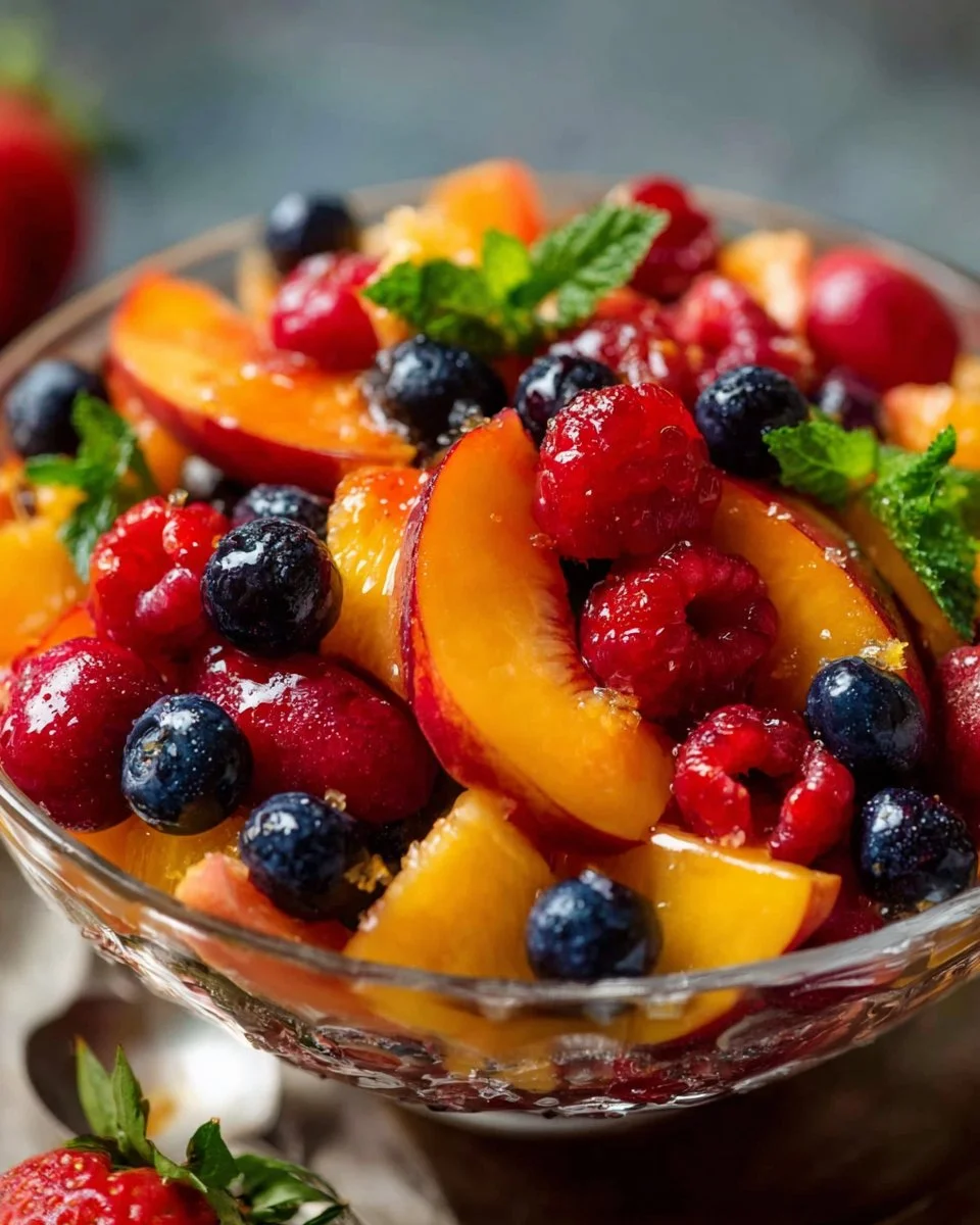 Fresh peach berry fruit salad with vibrant colors and delicious ingredients
