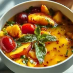 Bowl of fresh salad topped with Peach Honey Dijon Vinaigrette dressing.