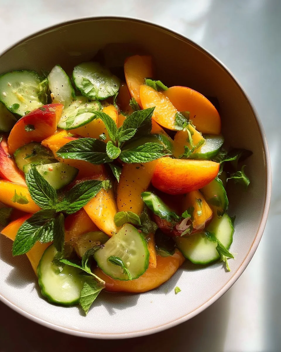 Colorful peach salad with greens, nuts, and dressing served in a bowl