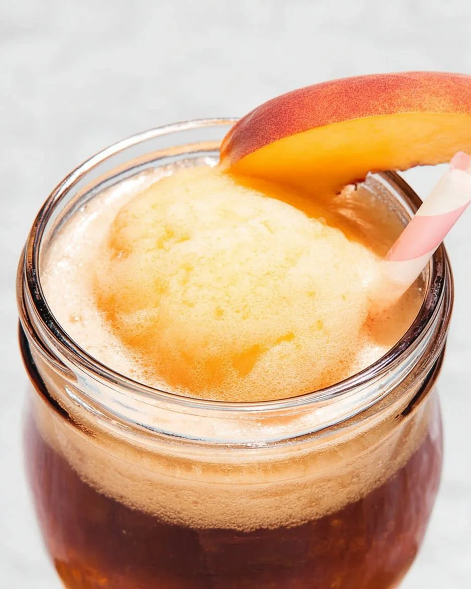 Delicious homemade peach tea float served in a glass with fresh peaches.
