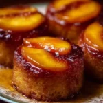 Delicious peach upside-down mini cakes topped with caramelized peaches.