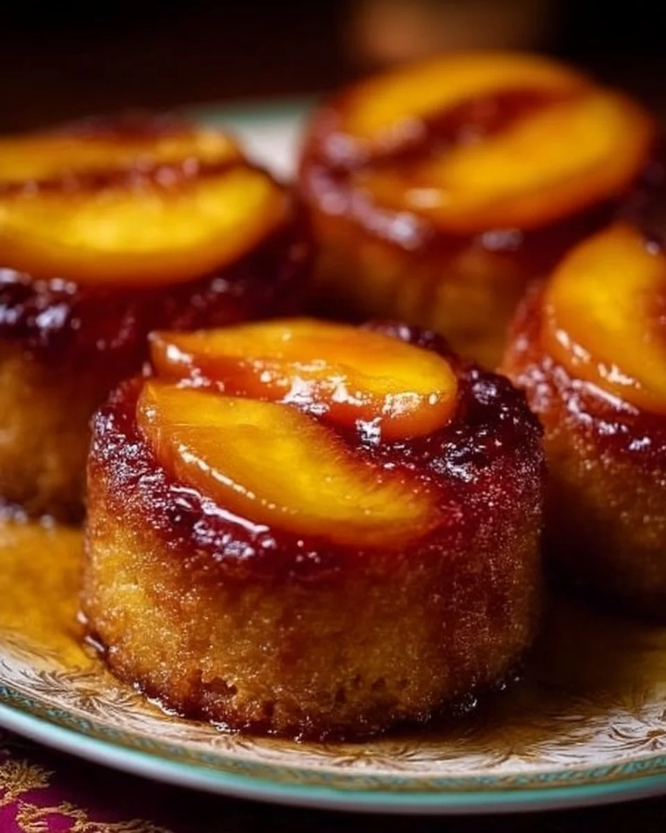Delicious peach upside-down mini cakes topped with caramelized peaches.