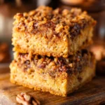 Pecan pie blondies topped with pecans and caramel drizzles on a plate