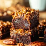 Delicious pecan pie brownies topped with pecans and caramel sauce.