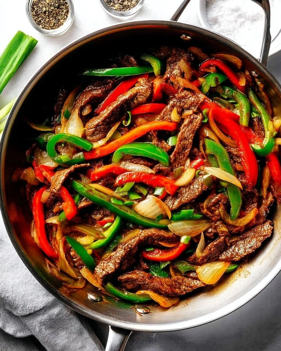 Deliciously seasoned Pepper Steak with peppers and beef on a plate.