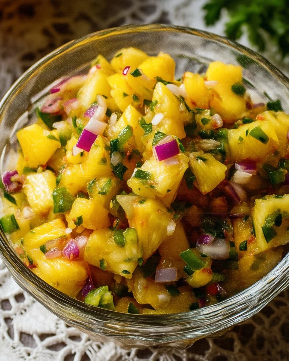 Homemade Pineapple Jalapeño Salsa in a bowl with fresh ingredients