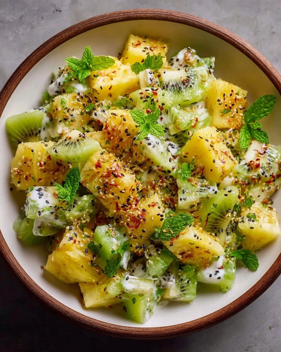 A vibrant Pineapple Kiwi Salad with fresh fruit and colorful ingredients.