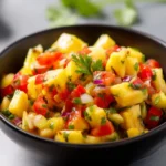 Delicious pineapple tomato salsa served in a colorful bowl.