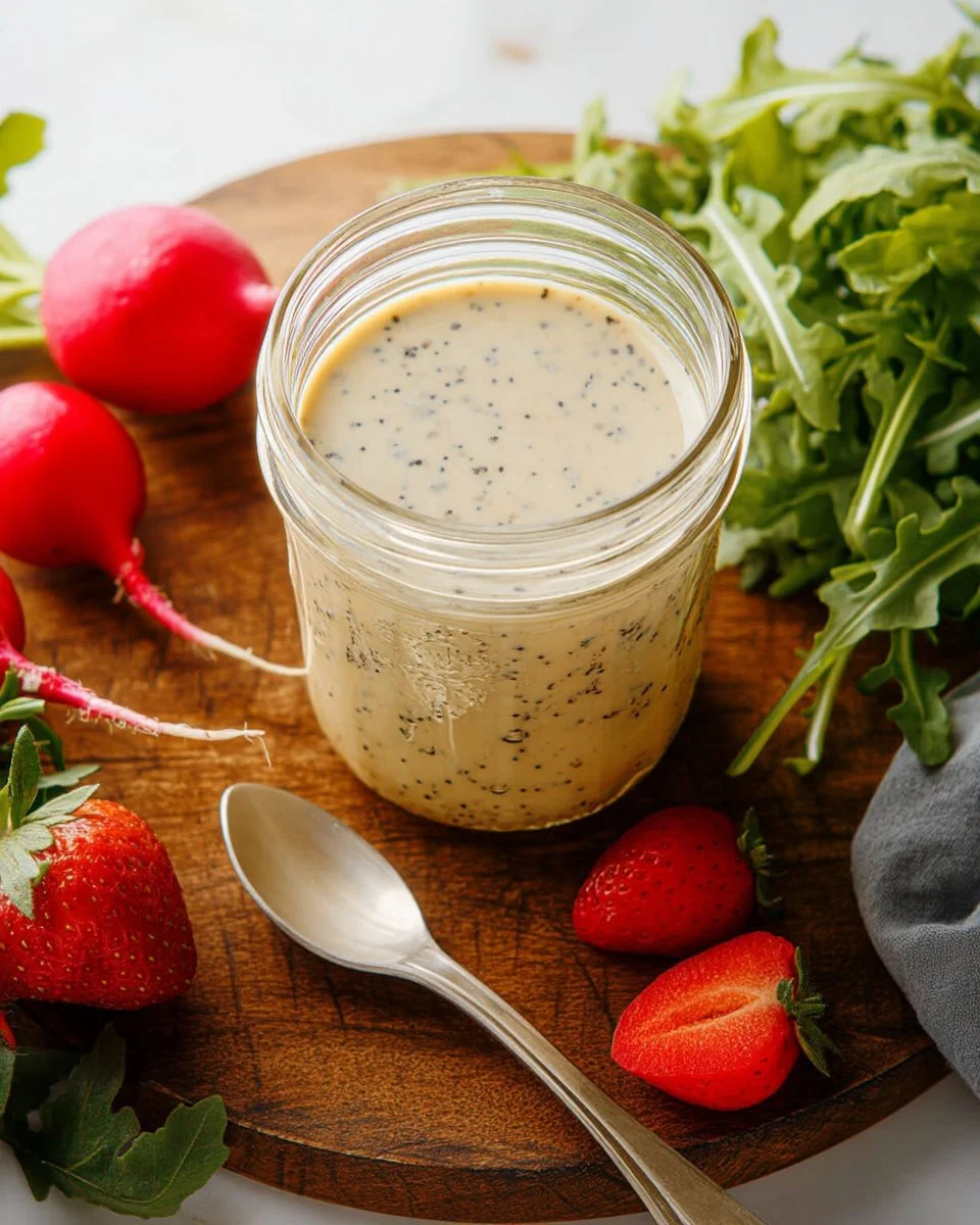 Homemade poppy seed dressing in a glass jar with salad ingredients