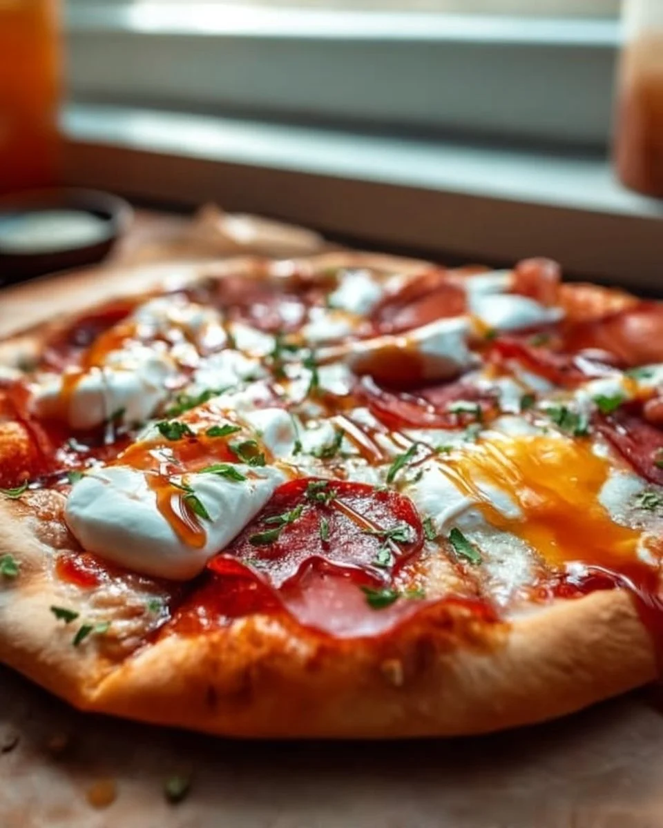 Prosciutto and Honey Burrata Pizza garnished with fresh herbs and drizzled honey