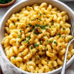 Creamy protein cottage cheese mac and cheese in a bowl with melted cheese