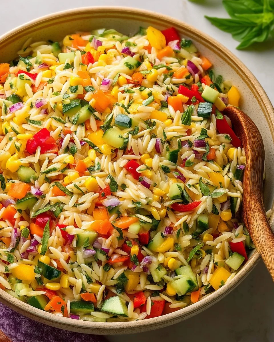 Colorful quick rainbow orzo salad with fresh vegetables and dressing.